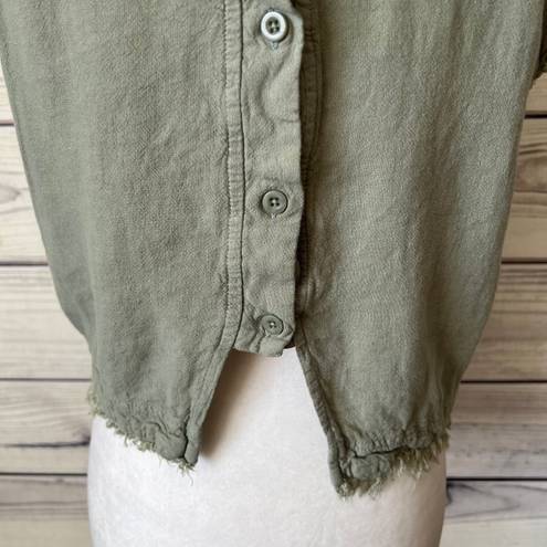 Thread and Supply  Linen Sage Green Frayed Hem Button Crop Top