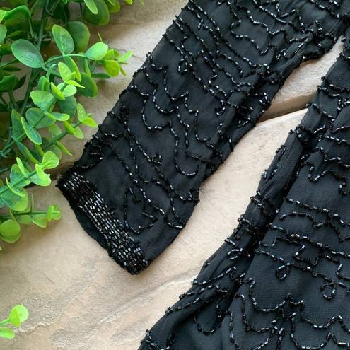 Oleg Cassini Vtg  Black Tie Silk Beaded Sheer Sleeve Formal Evening Dress Size 6