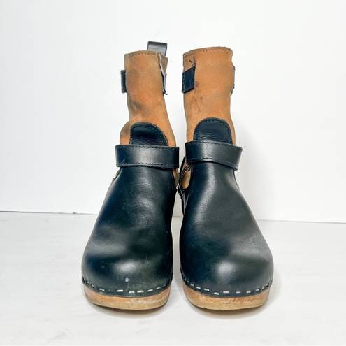 Loeffler Randall  Sven Black Tan Leather Wooden Clogs Booties Size 36 5 Women’s