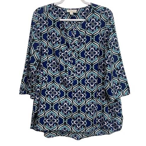 Dana Buchman  Women's XL Blue Black Floral Print Button Down Top Blouse