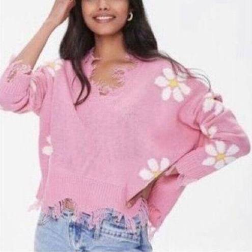 Daisy Just Polly Pink  Flower Cropped Raw Hem Distressed Sweater Size Medium