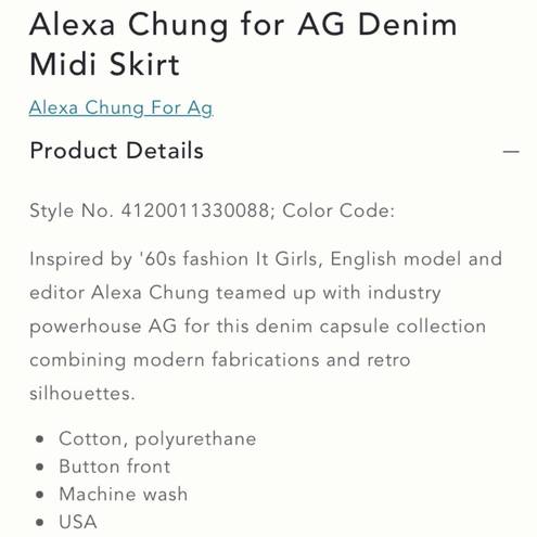 AG Adriano Goldschmied ALEXA CHUNG for AG A-line Button Front MIDI Denim Skirt Size 27