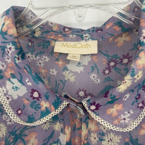 Modcloth  Lavender Purple Floral Chiffon Peplum Top Boho Cottagecore Sheer Size M