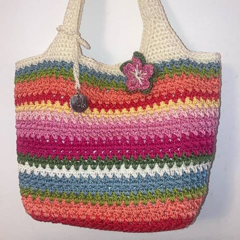 The Sak  Off White, Green, Pink, Red, & Blue Striped Crocheted Shoulder Bag Purse