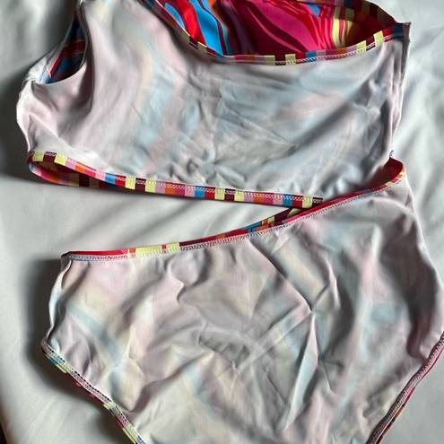 One Piece Colorful red-multi mokini  swimsuit. One shoulder design size 1XL
