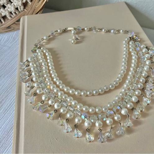 American Vintage Vintage “Darling” Three Strand Pearl Aurora Crystal Choker Necklace Rainbow
