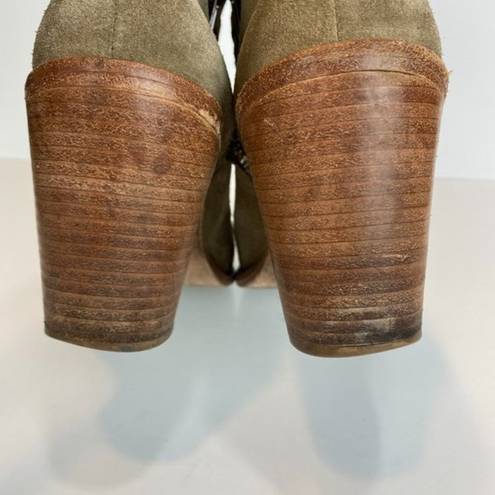 Loeffler Randall  Ankle Booties 9 Khaki Green Gray Suede‎ Leather Stacked Heel