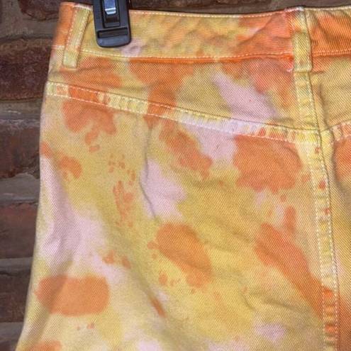 DKNY  Custom Tie Dye Orange Yellow Mini Denim Jean Skirt Women's Size 8