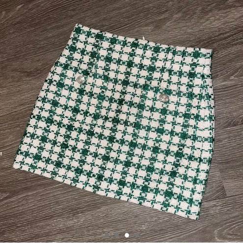 ZARA Green White Bejeweled Knit Plaid Mini Skirt