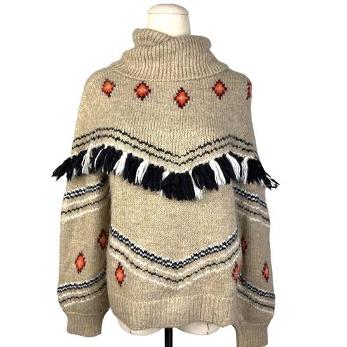 Lou & grey  For Loft Beige Long Sleeve Turtleneck Fair Isle Fringe Sweater Size S