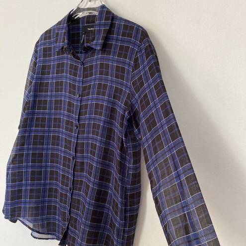 The Kooples The‎  Shirt Womens Medium Sheer Plaid Black Blue Silk Blend Button Up