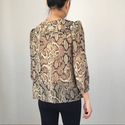 Mango  MNG Snake Print Blouse Tan Pleated Button 3/4 Sleeve Women’s 8