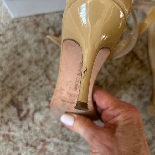 Manolo Blahnik Chaos Nude Patent Leather Heel Sandals— Size 8.5/38.5