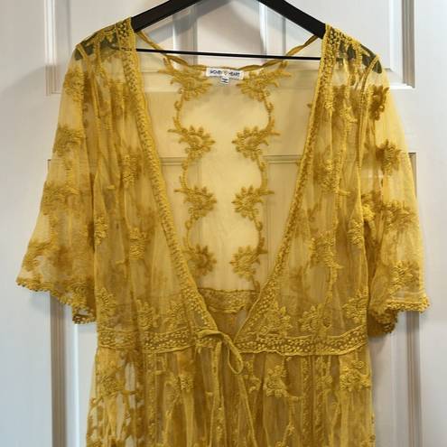 Woven Heart Mustard Lace & Embroidered Midi Length Shawl Duster - One Size