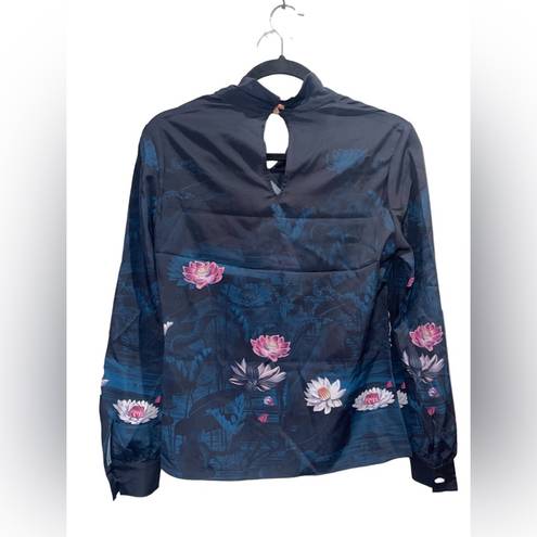 Ted Baker  LONDON Blue Kalinna Pomegranate Tie Neck Top in Navy