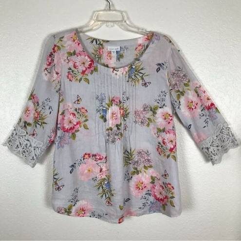 J.Jill  Love Linen floral 3/4 sleeve crochet sleeve blouse M