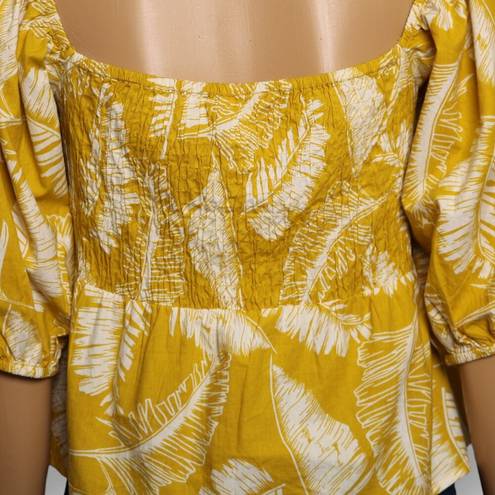 Sim & Sam  Puff Sleeve Leaf Print Square Neck Top Blouse Yellow & White Sz XL