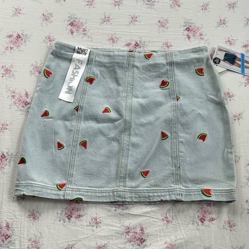 Tinseltown  Embroidered watermelons denim mini skirt light wash blue