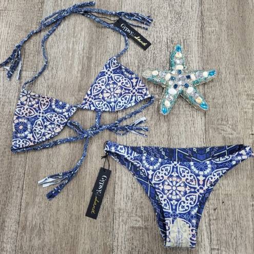 Gypsy 05 NEW!  SAND Bikini Size S Small Racerback Top Cheeky Bottoms Blue Print