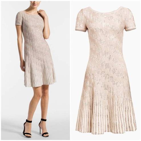 St. John  Inlay Sequin Trellis Knit Fit & Flare Dress Cream Metallic Gold 14 NWOT