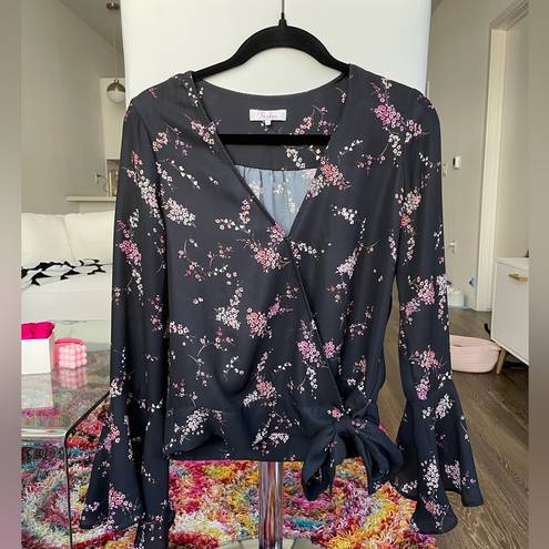 Parker  Chiffon Plum Blossom Floral Bell Sleeve Wrap Blouse Size XS