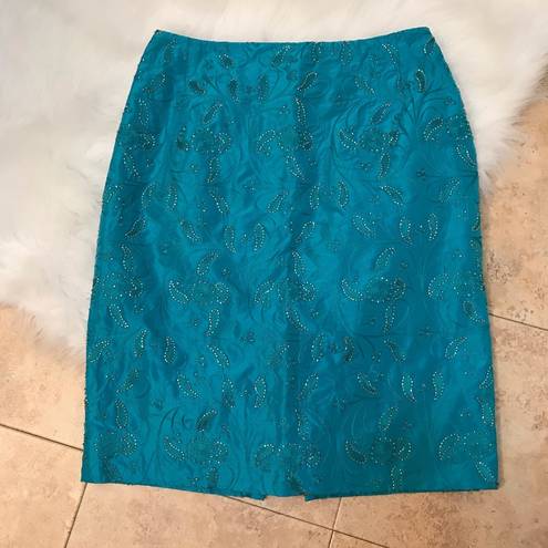 Chetta B  beaded, silk pencil skirt blue size 6