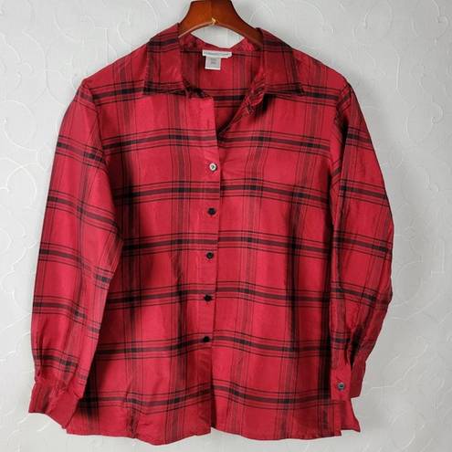 Coldwater Creek  Womens Shirt Size M Red Holiday Plaid Silk Lightweight Button Up