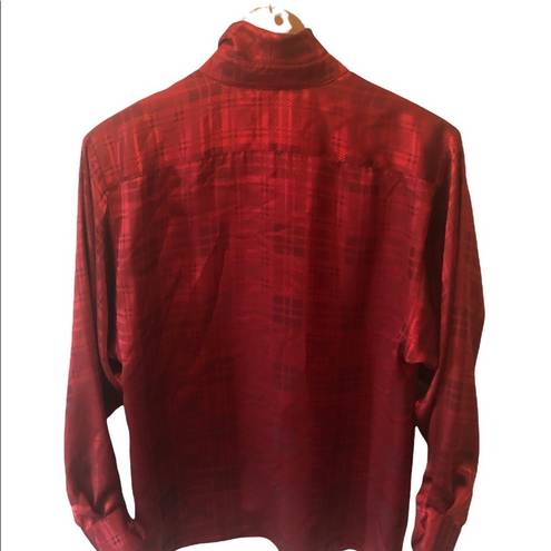 St. John  Red Tartan Print Long Sleeve Blouse 6 Red Tied Bow Career~Wear Dressy