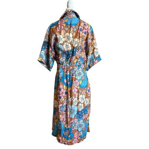 The Bar Dodo Or Printed Nancy Dress in Orange & Blue Medium Womens Midi Retro Floral