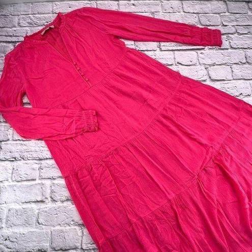 Loft  Maxi Dress Women's Size XS Pink Long Sleeve Ruffle Neck Tiered Summer