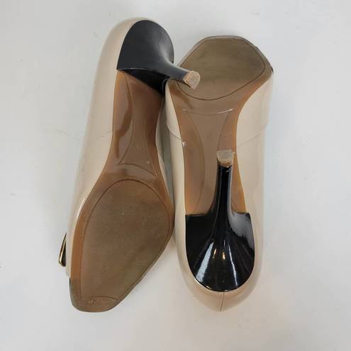 Unisa  Womens Shoes Size 7.5 Tan Black Patent Leather Peep Toe Slip On Heels