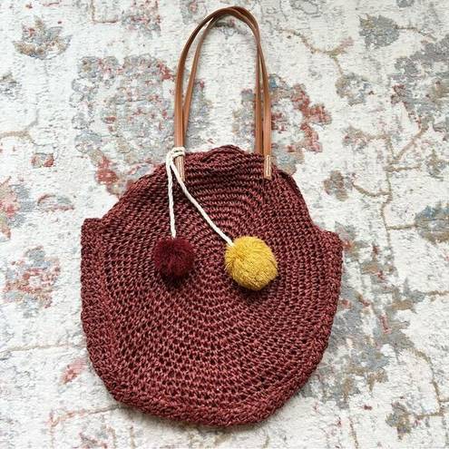 American Eagle  Straw Beach Bag Circular Rust Dark Red Tote with Pom Poms