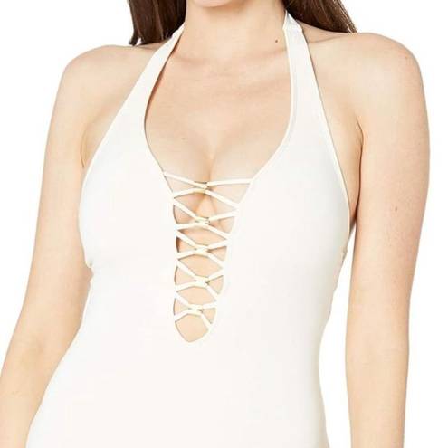 Bleu Rod Beattie  Lace-Up Halter One Piece Swimsuit Coconut Ivory & Gold Size 10