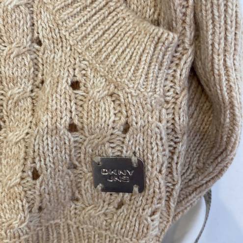 DKNY  Beige Cable Knit V-Neck Hooded Sweatshirt EUC Sz Sm Cotton Pullover