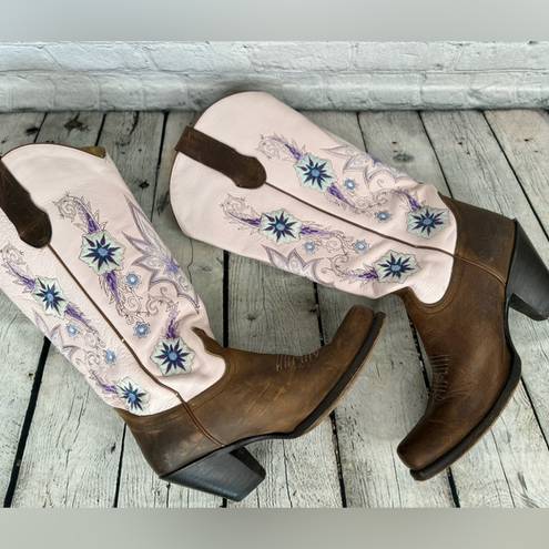 Double H Sonora Wedding Heeled Cowboy Boots Size 7.5 Embroidered Pink Brown