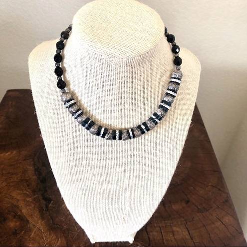 Onyx Black  and silver choker necklace