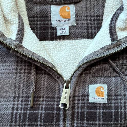 Carhartt  Womens Fleece Gray Plaid Hooded Zip Up Jacket Curved Hem Size Small 4-6