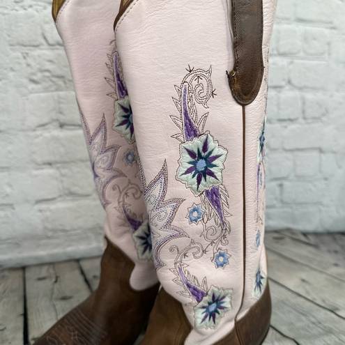 Double H Sonora Wedding Heeled Cowboy Boots Size 7.5 Embroidered Pink Brown