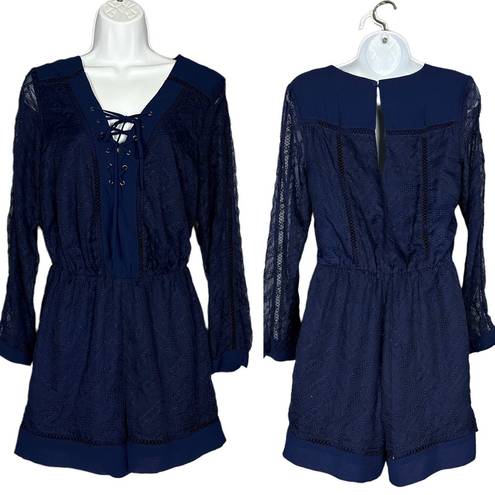 Adelyn Rae Dark Blue Lace Romper SIZE XS Long Sleeve Embroider Cocktail Romantic 