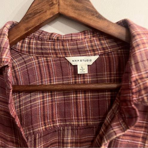 Max Studio  Women’s Red Brown Plaid Relaxed Fit Button Down Shirt Size L