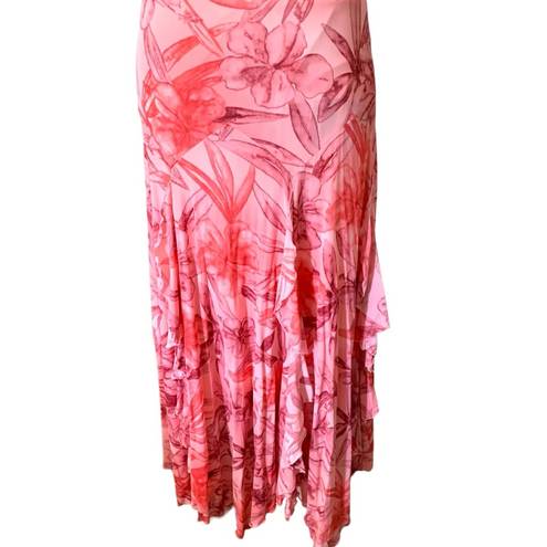 Serendipity  (vintage) Hawaiian pink floral stretch ruffle maxi dress beach cover