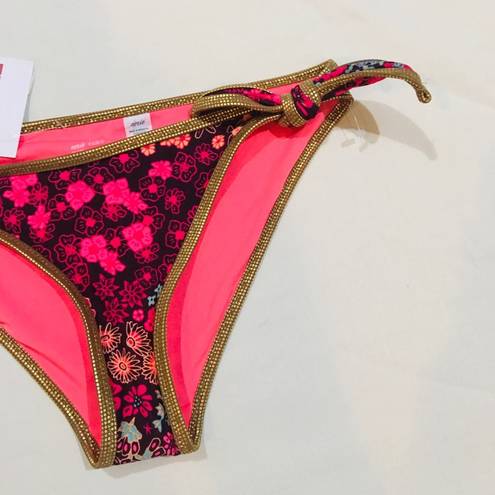 Aerie NWT XS  Pink and Gold Floral Bikini Panties with Hip Ties