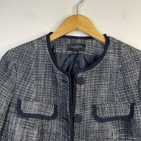 Talbots Classic Preppy Navy Blue Tweed Ruffle Blazer Jacket Cotton Wool womens 8