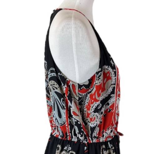 Loft Midi Dress Halter Neck Blouson Tie Waist Chiffon Black Red Women’s Large