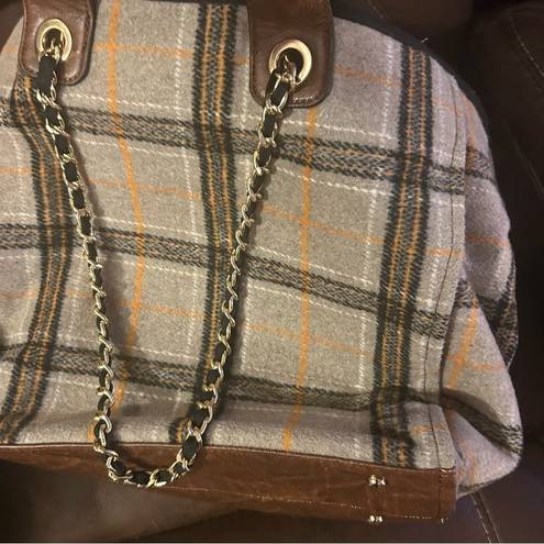 Krass&co Jen &  Oversized plaid retro flannel tote bag, chain straps, 90s, academia