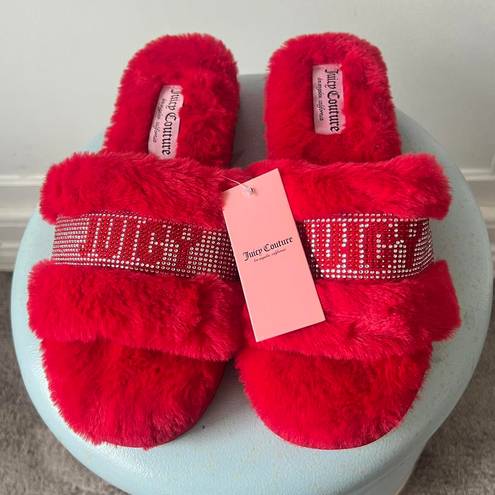 Juicy Couture fur slippers red silver rhinestone brand new y2k