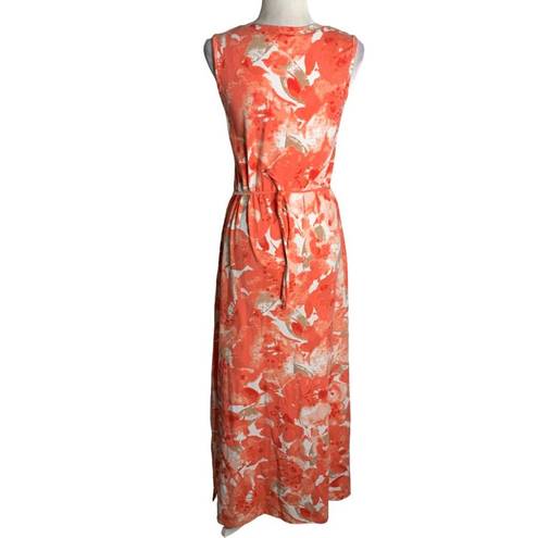 Krass&co Denim  Sleeveless Maxi Dress XXS Orange Floral V Neck Waist Tie Stretch