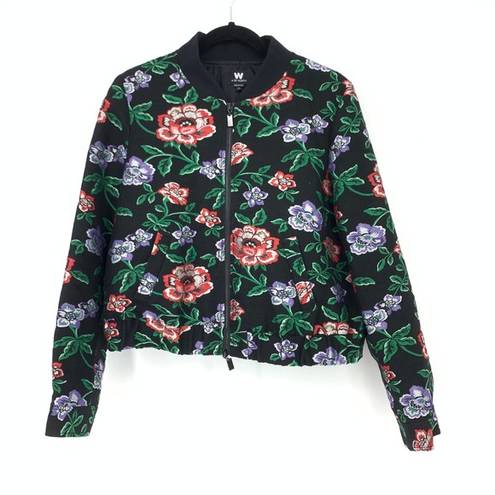 W By Worth  Womens Size Medium Black Floral Jacquard Bomber Jacket