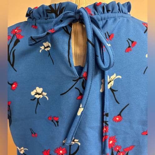 True Destiny Fliral Top Royal Blue with Red and White Flowers Key Hole Top sz XL