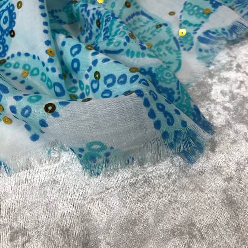 Lilly Pulitzer  scarf blue sea urchins gold sequins fringe wrap sarong wrap